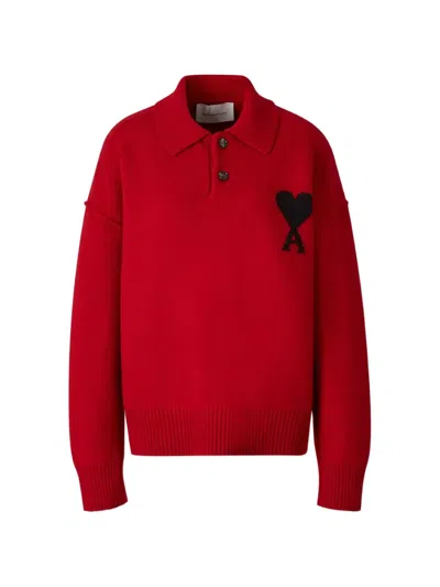 Ami Alexandre Mattiussi Ami De Coeur Felted Polo Sweater In Red