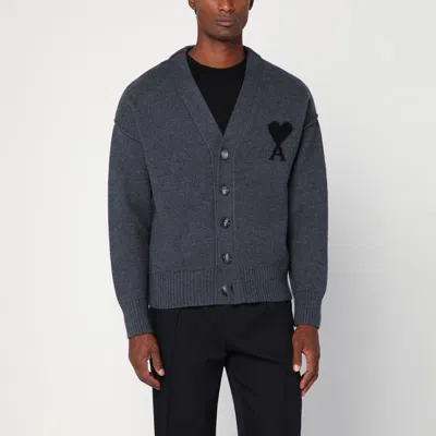 AMI ALEXANDRE MATTIUSSI AMI PARIS AMI DE COEUR HEATHER GREY WOOL CARDIGAN