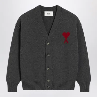 Ami Alexandre Mattiussi Ami De Coeur Heather Grey Wool Cardigan In Gray