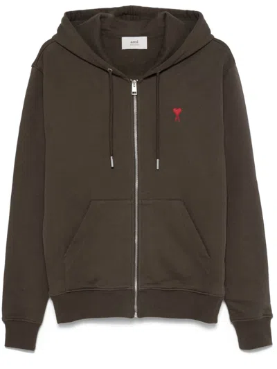 Ami Alexandre Mattiussi Khaki Ami De Coeur Zipped Hoodie In Brown