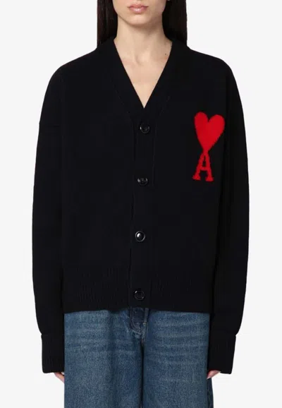 Ami Alexandre Mattiussi Embroidered Logo Virgin Wool Cardigan In Black