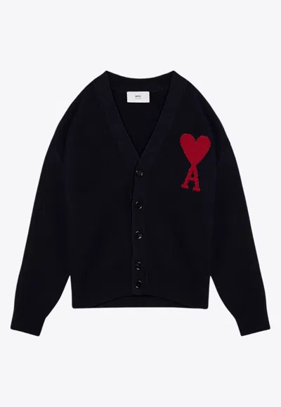 Ami Alexandre Mattiussi Ami De Coeur Wool Long-sleeved Knitted Cardigan In Black