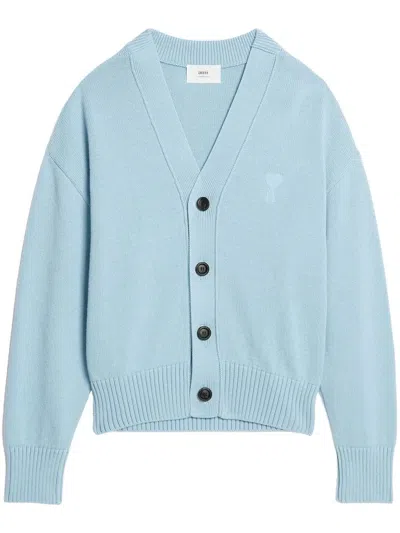Ami Alexandre Mattiussi Ami De Coeur Intarsia-logo Cardigan In Sky Blue