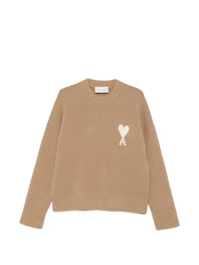 Ami Alexandre Mattiussi Ami Paris Beige Ami De Coeur Wool Sweater In Brown