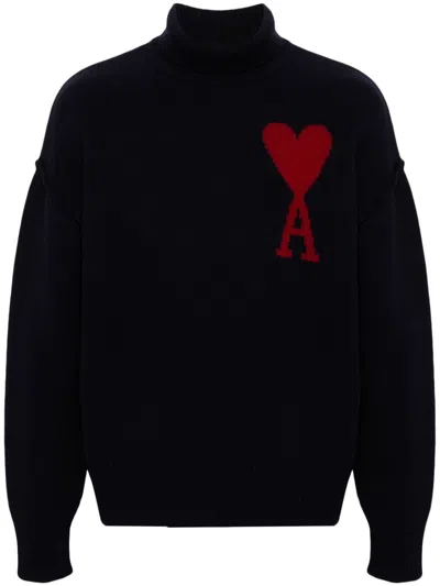 Ami Alexandre Mattiussi Ami Paris Ami De Coeur Sweater In Black Merino Wool Knit In Multi