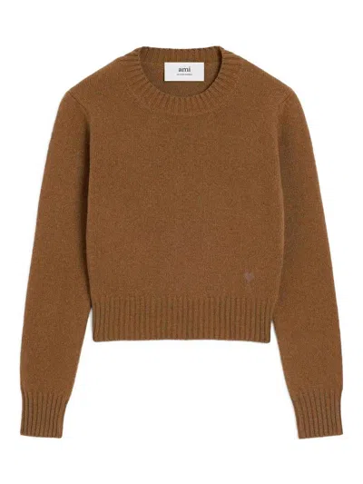Ami Alexandre Mattiussi Cropped Brown Cashmere Blend Sweater With Heart Detail