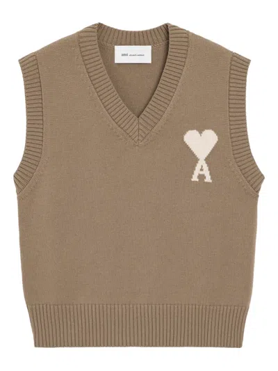 Ami Alexandre Mattiussi Ami Paris Wool-cotton Ami De Coeur Sweater Vest In Brown