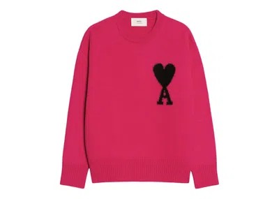 Pre-owned Ami Alexandre Mattiussi Ami De Coeur Merino Wool Crewneck Sweatshirt Jumper In Fuchsia/black