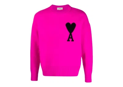 Pre-owned Ami Alexandre Mattiussi Ami De Coeur Merino Wool Crewneck Sweatshirt Jumper In Pink/black