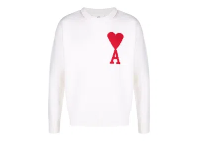 Pre-owned Ami Alexandre Mattiussi Ami De Coeur Merino Wool Crewneck Sweatshirt Jumper In White/red