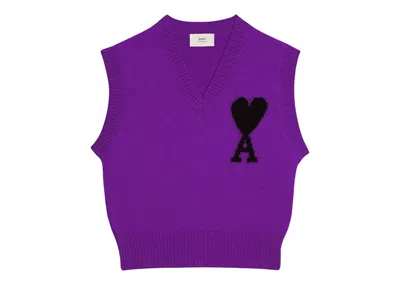 Pre-owned Ami Alexandre Mattiussi Ami De Coeur Merino Wool Sleeveless Sweater In Purple/black In Multi
