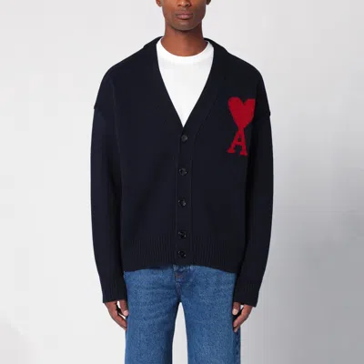 AMI ALEXANDRE MATTIUSSI AMI PARIS AMI DE COEUR MIDNIGHT BLUE WOOL CARDIGAN
