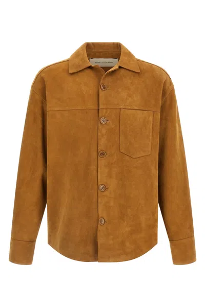 Ami Alexandre Mattiussi Suede Oversize Shirt Long Sleeves Chest Pocket In Brown