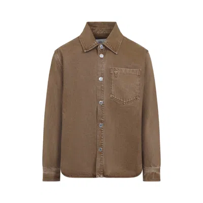 Ami Alexandre Mattiussi Heart Design Overshirt Chest Pocket In Brown
