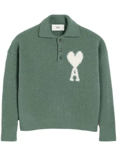 Ami Alexandre Mattiussi Ami De Coeur Polo-collar Jumper In Antique Clay