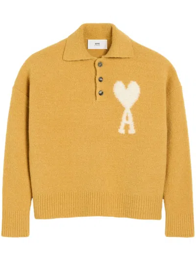 Ami Alexandre Mattiussi Off-white Ami De Coeur Polo Yellow In Mustard