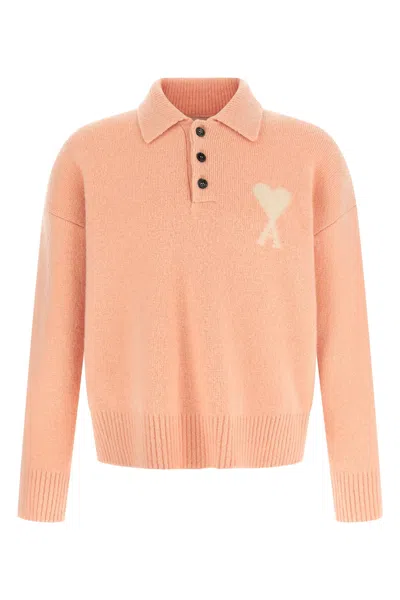Ami Alexandre Mattiussi Ami Paris Wool Polo Sweater With Ami De Coeur Logo In Pink