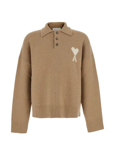 Ami Alexandre Mattiussi Ami De Coeur Polo Sweater In Neutrals