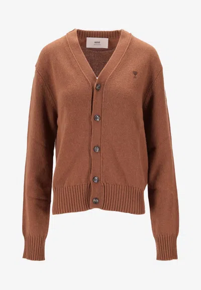 Ami Alexandre Mattiussi Ami De Coeur Ribbed Cardigan In Brown