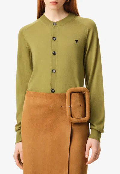 Ami Alexandre Mattiussi Green Wool Crewneck Ami De Coeur Cardigan Green In Gold