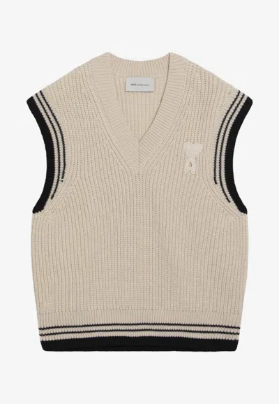 Ami Alexandre Mattiussi Ami Paris Ribbed Wool Sleeveless Ami De Coeur Sweater In Neutral