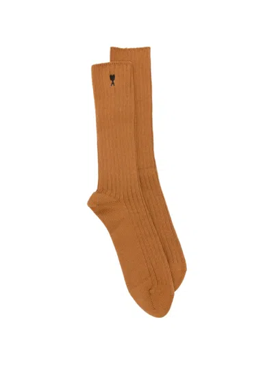 Ami Alexandre Mattiussi Ami De Coeur Ribbed Socks In Brown