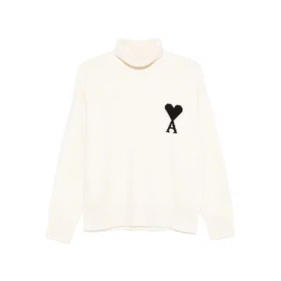 Ami Alexandre Mattiussi Ami De Coeur Roll-neck Wool Jumper In Neutral