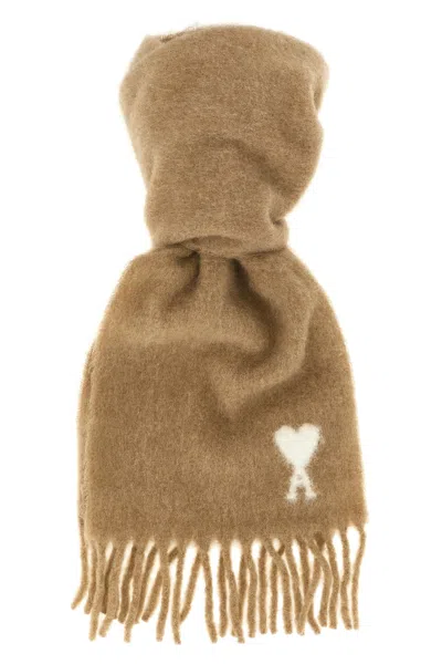 Ami Alexandre Mattiussi Ami Paris Alpaca Blend With Logo Embroidery Scarf In Brown
