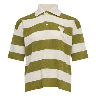 Ami Alexandre Mattiussi Ami Paris Ami De Coeur Striped Cotton Knit Polo Shirt In Brown
