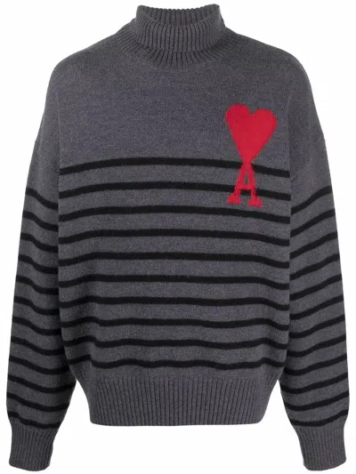 Ami Alexandre Mattiussi Ami De Coeur Striped Jumper In Grey