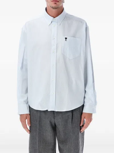 Ami Alexandre Mattiussi Ami Paris Striped Cotton Boxy Fit Shirt With Ami Of Caur Chest Pocket In Metallic