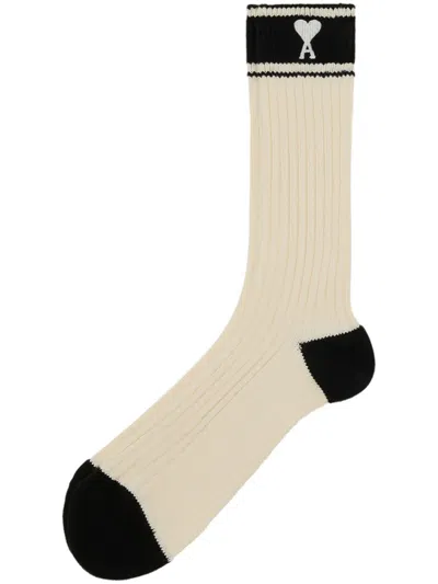 Ami Alexandre Mattiussi Ami De Coeur Striped Socks In White Cream/black