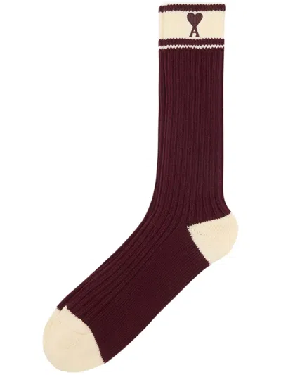Ami Alexandre Mattiussi Ami De Coeur Striped Socks In Eggplant/white Cream
