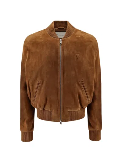 Ami Alexandre Mattiussi Goatskin Suede Bomber Jacket Ribbed Cuffs Hem In Brown