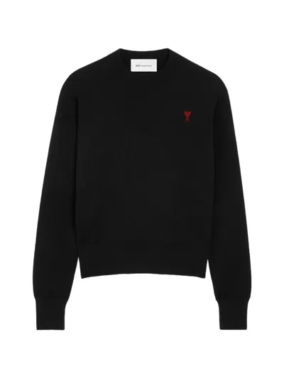 Ami Alexandre Mattiussi Ami Paris Mini Embroidered Heart Crewneck Sweatshirt With Ribbed Trims In Black