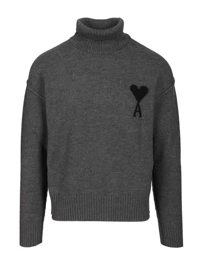 Ami Alexandre Mattiussi Ami De Coeur Turtleneck Sweater Sweatshirts Grey In Black