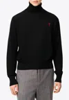 Ami Alexandre Mattiussi Merino Wool Black Turtleneck Sweater With Heart Logo In Black