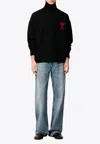 Ami Alexandre Mattiussi Relaxed Fit Black Wool Turtleneck Sweater With Graphic Heart Motif In Black