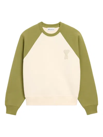 Ami Alexandre Mattiussi White And Green Cotton Knitted Ami De Coeur Sweatshirt White In Multi