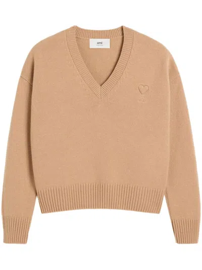 Ami Alexandre Mattiussi Ami De Coeur V-neck Jumper In Nude