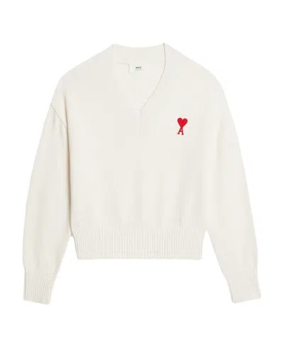 Ami Alexandre Mattiussi Ami De Coeur V-neck Jumper In White