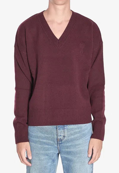 AMI ALEXANDRE MATTIUSSI AMI DE COEUR V-NECK RIBBED SWEATER