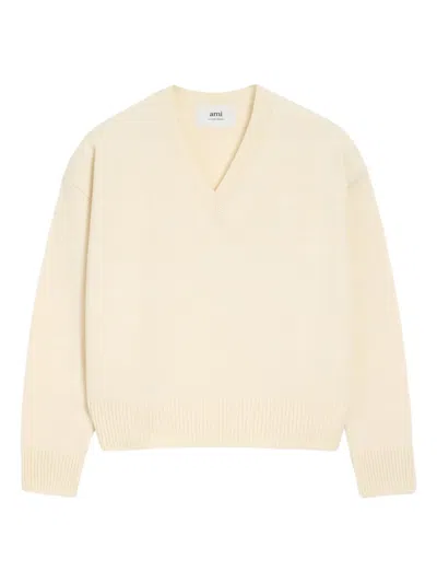 Ami Alexandre Mattiussi Ami De Coeur V-neck Sweater In Neutral