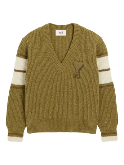 Ami Alexandre Mattiussi Ami De Coeur V-neck Sweater In Green