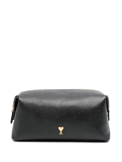 Ami Alexandre Mattiussi Logo-plaque Leather Wash Bag In 0015 Black/vibrated Brass