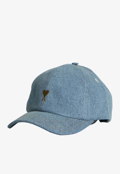 Ami Alexandre Mattiussi Ami De Coeur Washed Denim Baseball Cap In Blue