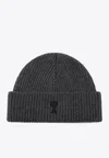 Ami Alexandre Mattiussi Ami Paris Ami Paris De Coeur Grey Wool Beanie In Black