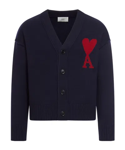 AMI ALEXANDRE MATTIUSSI AMI PARIS AMI DE COEUR LOGO INTARSIA-KNIT V-NECK CARDIGAN