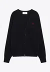 Ami Alexandre Mattiussi Ami Paris Ami De Coeur Patch Merino Wool Cardigan In Black