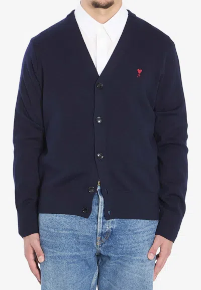Ami Alexandre Mattiussi Ami Paris Men Blue Cardigan With V Neck And Adc Embroidery On The Front In Wool Blend Man